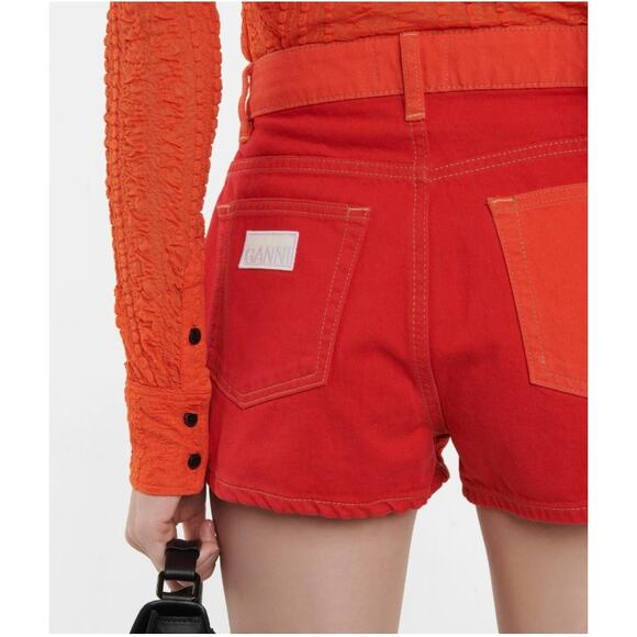 Ganni Colorblock High Rise Denim Shorts in Red/ Orange - Picture 2 of 13